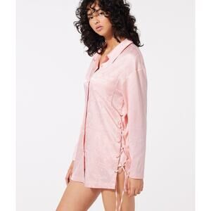 Savage X Fenty Heavenly Satin Sleep Shirt Pink Jacquard Lace Up Pajamas XS NEW